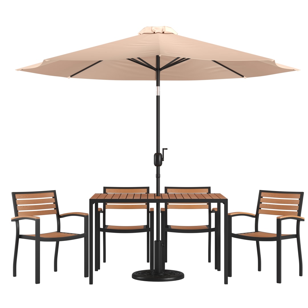 Lark 7 Piece Outdoor Patio Dining Table Set with 4 Synthetic Teak Stackable Chairs, 30" x 48" Table, Tan Umbrella & Base