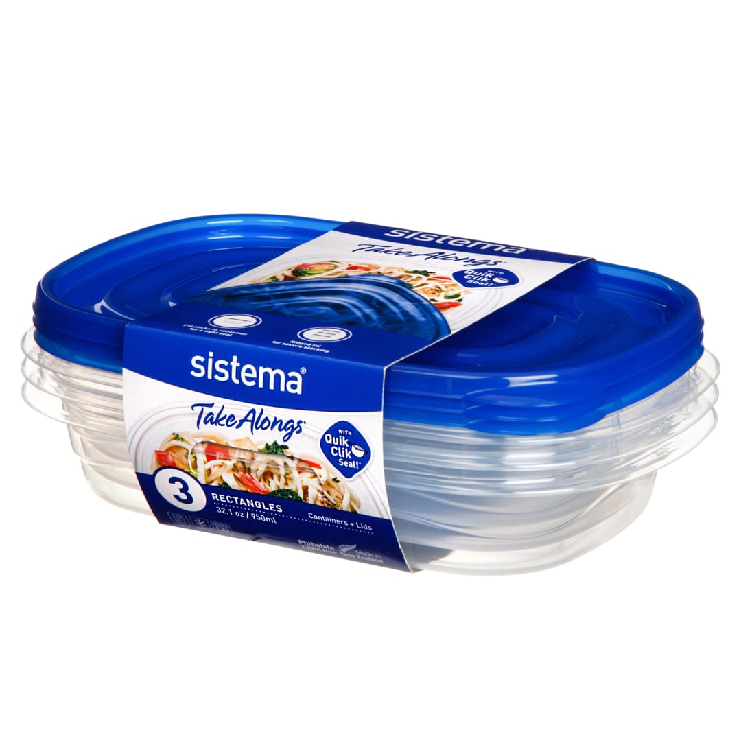 Sistema Takealongs recipientes para guardar alimentos | Recipientes de plástico rectangulares reutilizables de 950 ml | Transparentes con tapa azul | Sin BPA | 3 unidades