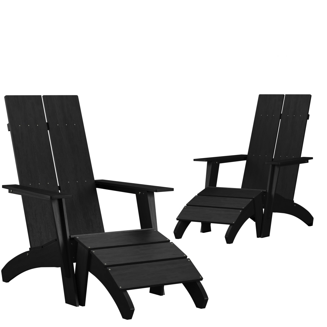 Set of 2 Sawyer Modern All-Weather Poly Resin Wood Adirondack Chairs with Foot Rests in Black