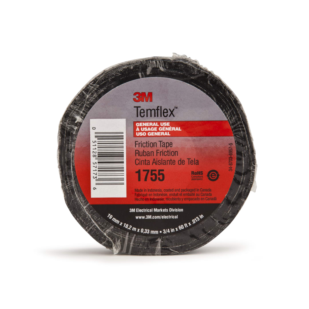 3M™ Temflex™ Pamuk İzolebandı 1755, 3/4 in x 60 ft, Siyah her kutuda 20 rulo