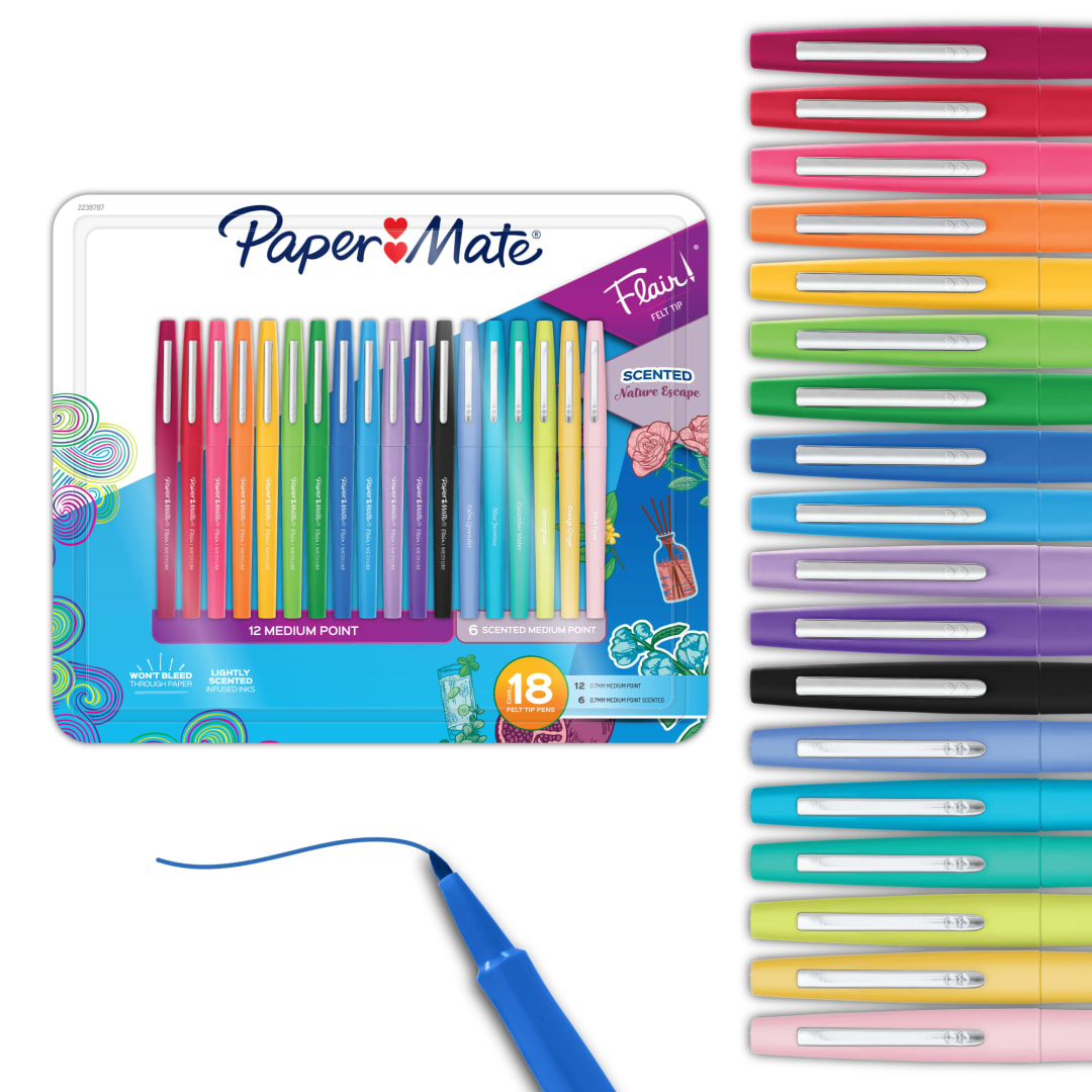 Paper Mate Flair Felt Tips Pens, Includes Classic and Scented Pens, Medium (0.7mm) Point, 18 Count