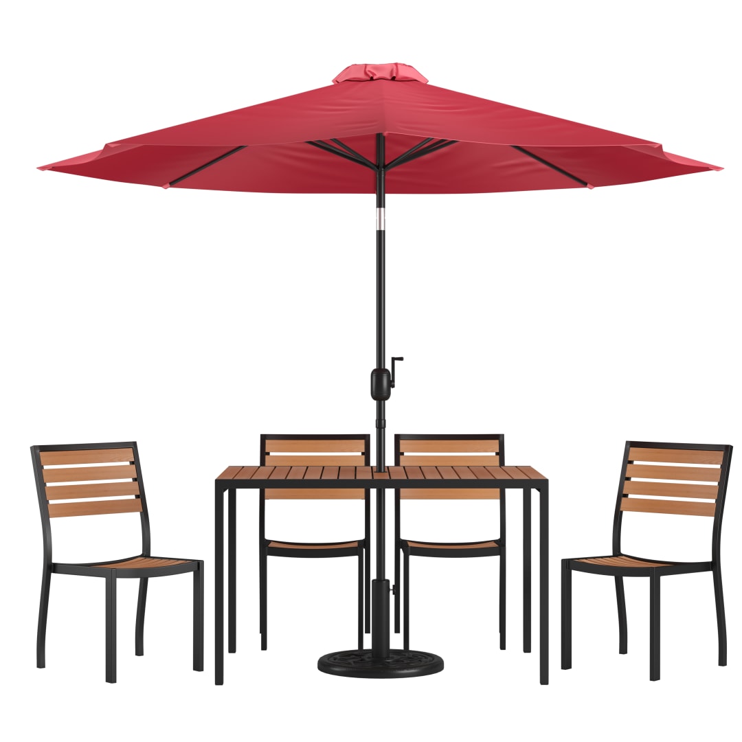 Lark 7 Piece All-Weather Deck or Patio Set - 4 Stacking Faux Teak Chairs, 30" x 48" Faux Teak Table, Red Umbrella & Base
