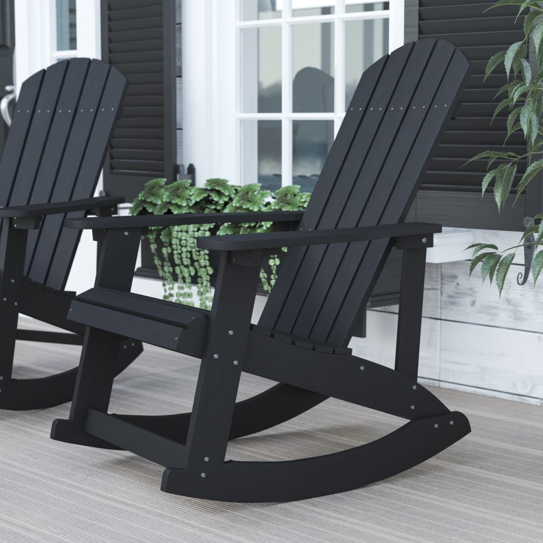 Savannah Commercial Grade All-Weather Poly Resin Wood Adirondack Rocking Chair with Rust Resistant Stainless Steel Hardware in Black