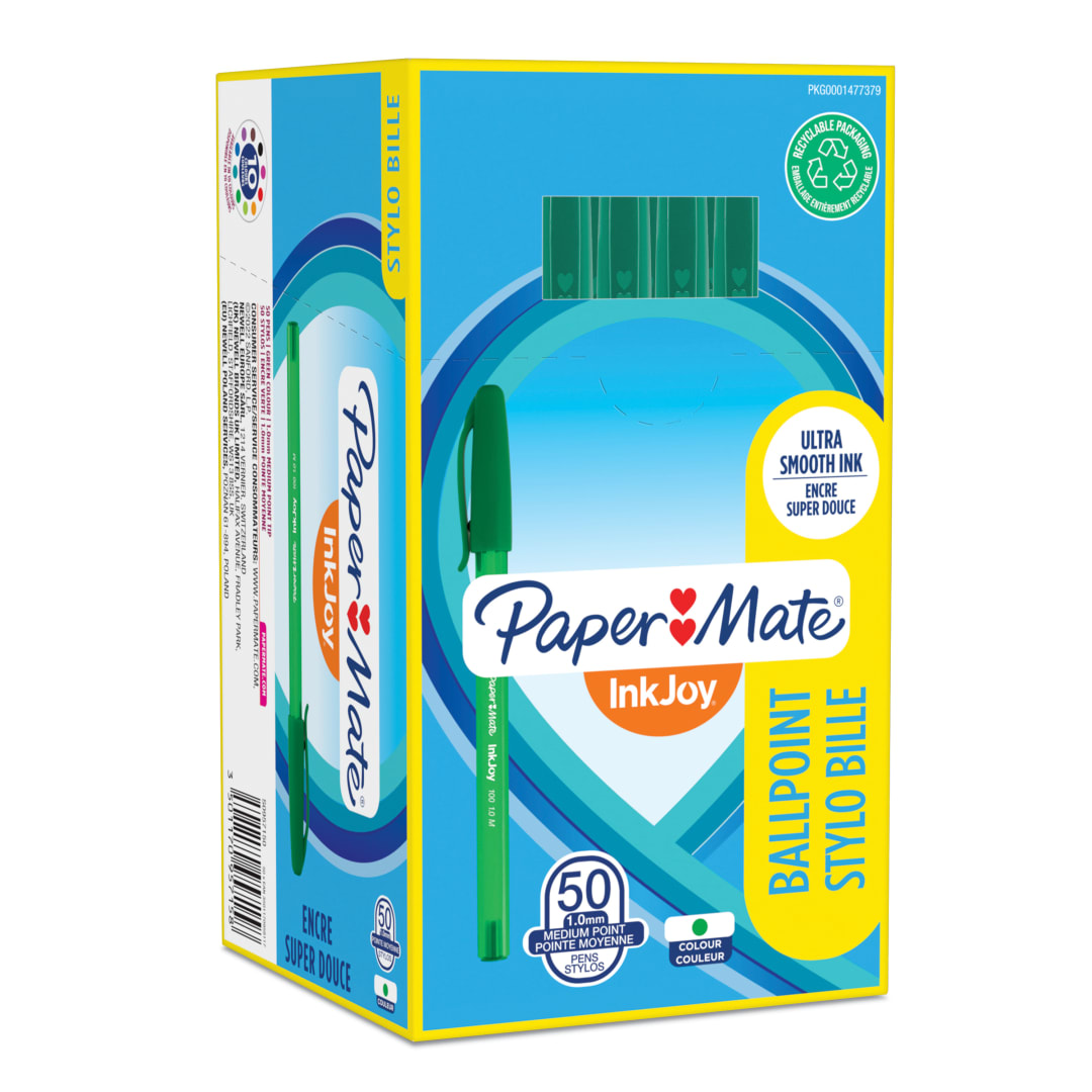 Paper Mate InkJoy 100ST Bolígrafo con tapa | punta mediana (1.0 mm) | verde | caja de 50