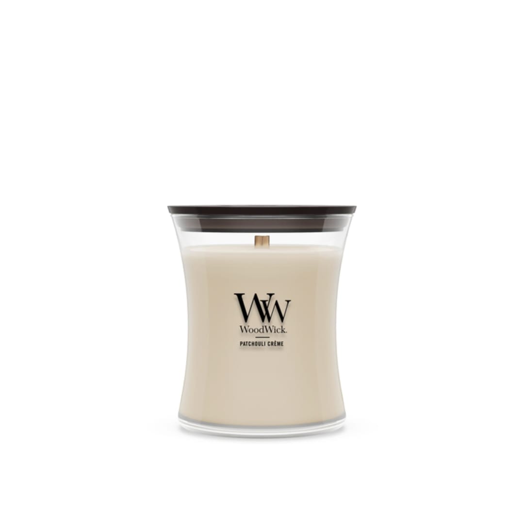 WoodWick® Patchouli Crème Medium Hourglass Candle, Crackles as it burns, Up to 65 hrs burn time, Perfect for gifting, 9.7 oz