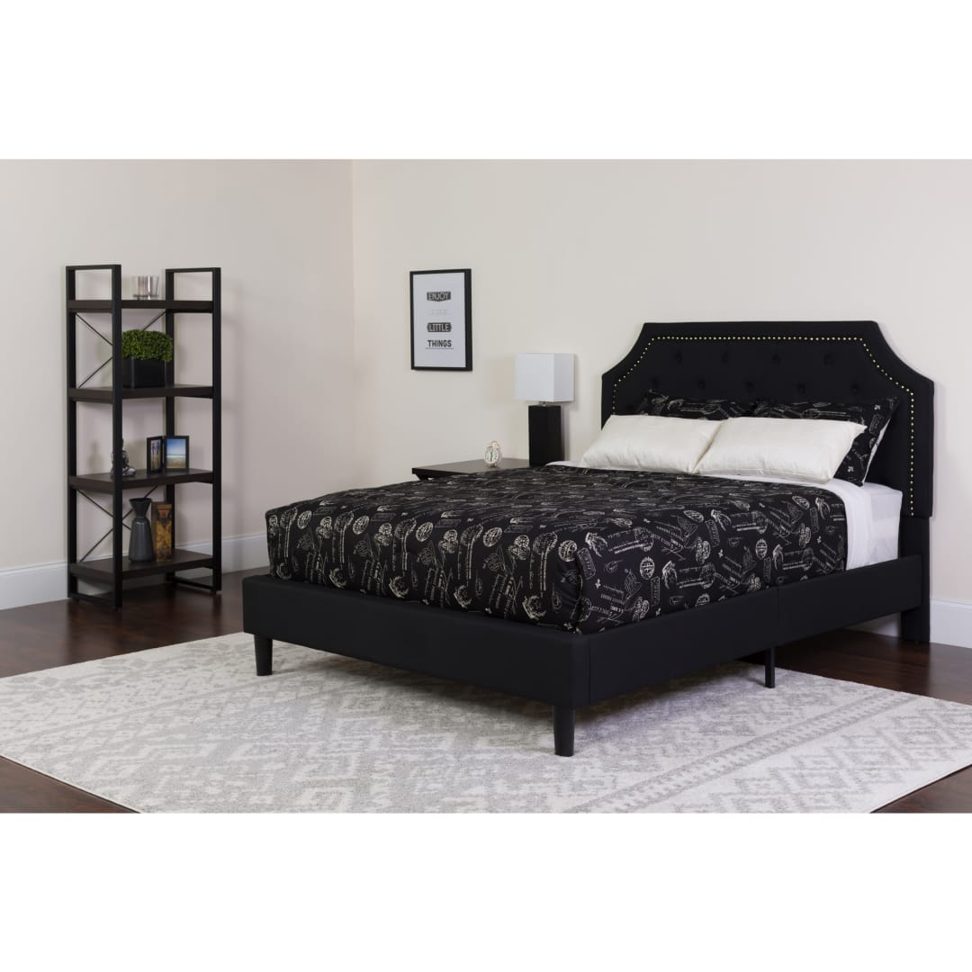 Brighton Queen Size Tufted Upholstered Platform Bed in Black Fabric with Memory Foam Mattress