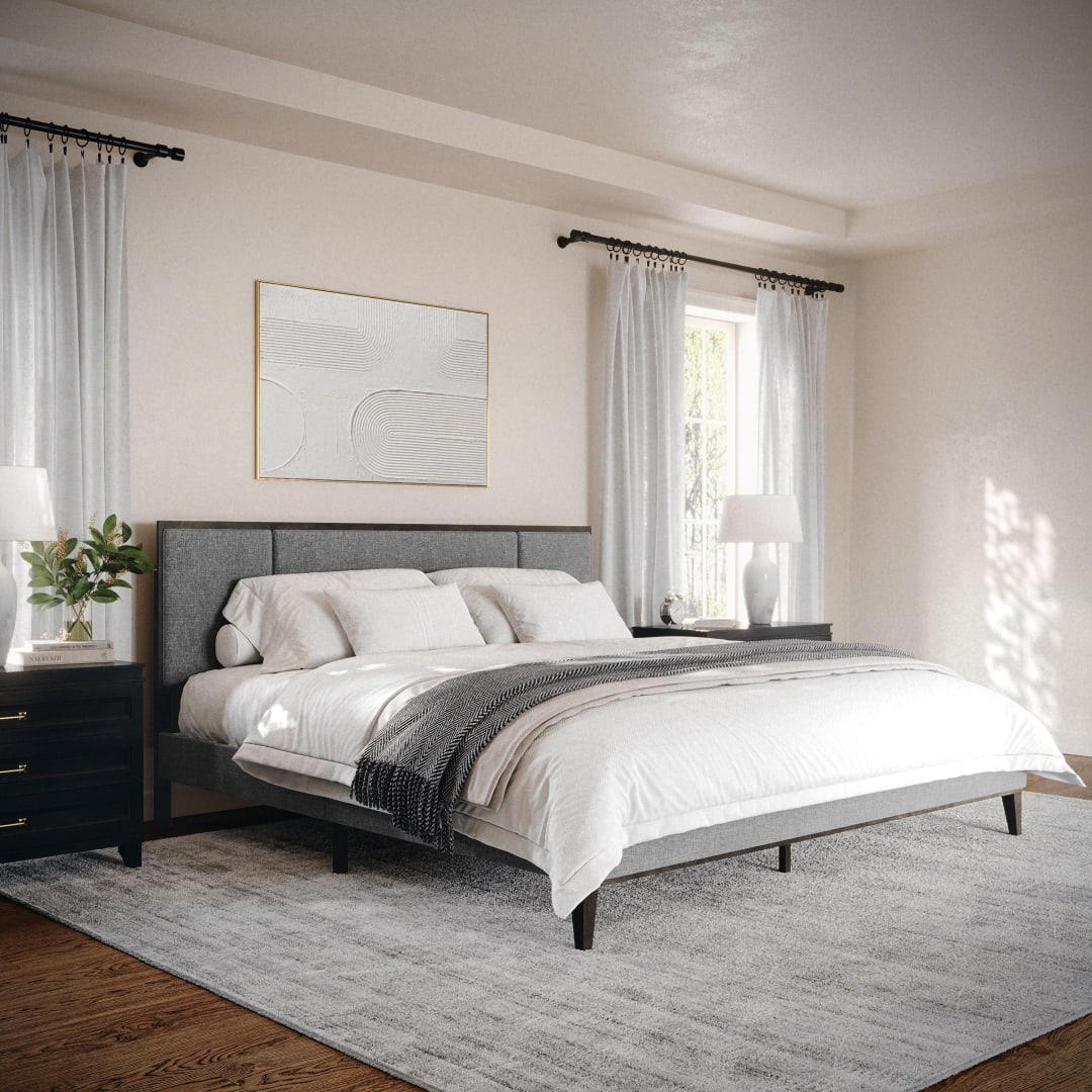 Jett King Size Solid Wood Platform Bed with Upholstered Base and Inset Paneled Headboard, Wood Slat Bottom, No Box Spring Needed, Brown Gray/Gray