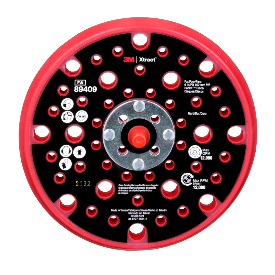 3M Xtract™ Hookit™ Back-up Pad, 89409, 6 in, Hard, Red, 10 ea/Case