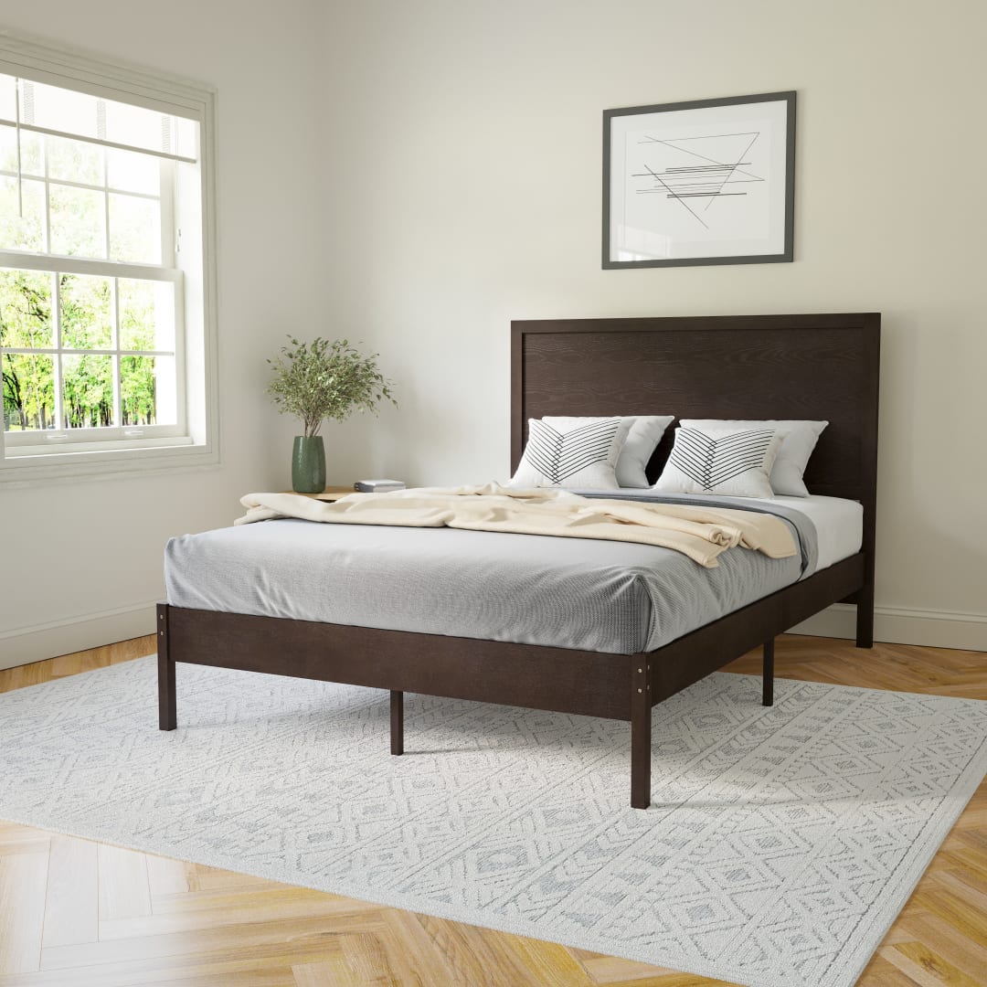 Asher Full Size Solid Wood Platform Bed with Wooden Slats and Headboard, No Box Spring Needed, Dark Brown