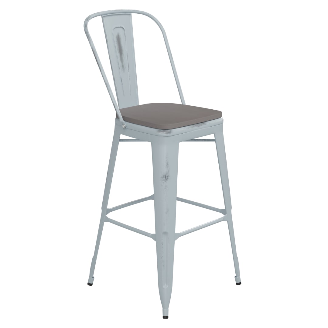Carly Commercial Grade 30" High Green-Blue Metal Indoor-Outdoor Barstool with Back with Gray Poly Resin Wood Seat