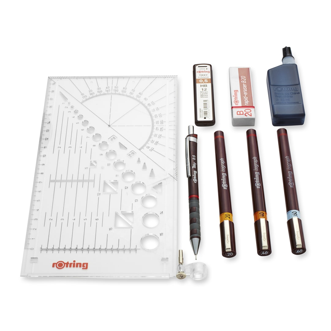rOtring Isograph Fineliner Pen & Pencil College Set | 3 Technical Pens (0.20mm, 0.40mm, 0.60mm) and Mechanical Pencil (0.5mm) + Accessories