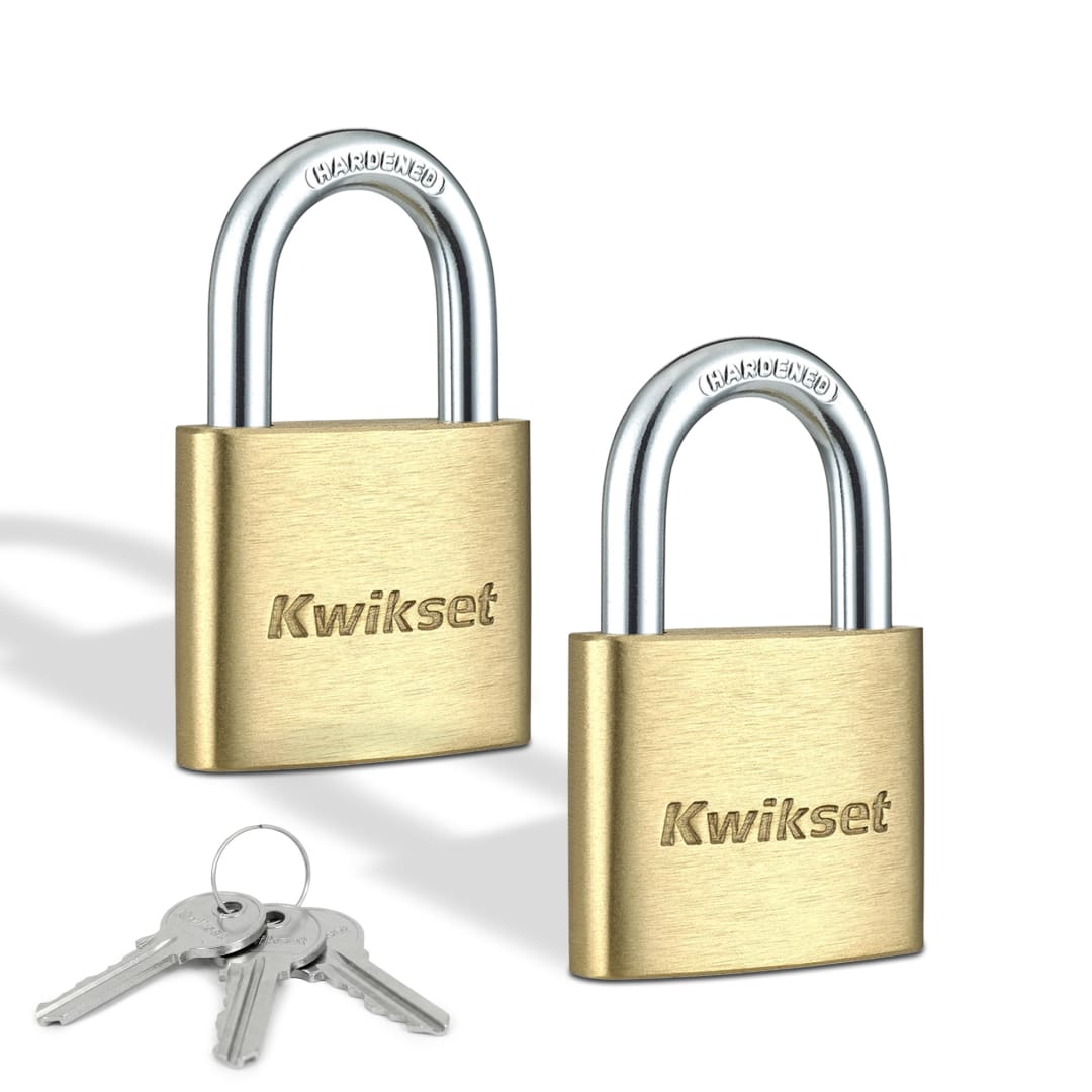 Kwikset Brass Padlock with Hardened Steel Shackle, 1-9/16 in Body, 7/8 in Shackle, 2 Pack