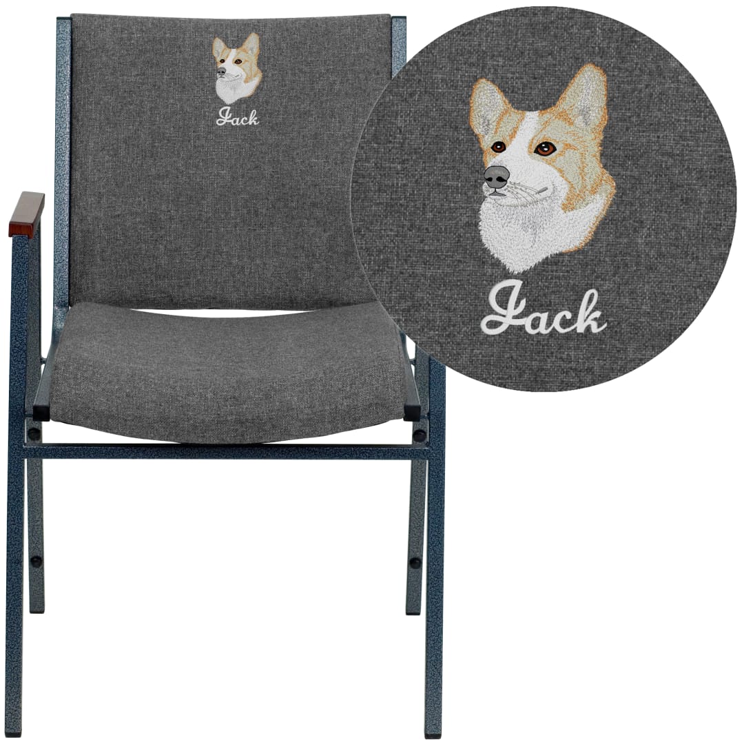 Embroidered HERCULES Series Heavy Duty Gray Fabric Stack Chair with Arms