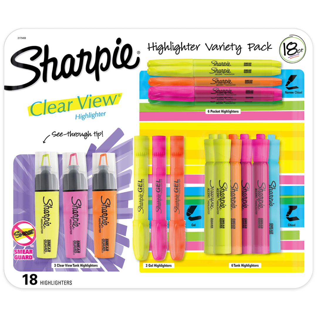 Sharpie Highlighters Variety Pack, Includes Gel, Clearview, Pocket, and Tank Highlighters, 18 Count