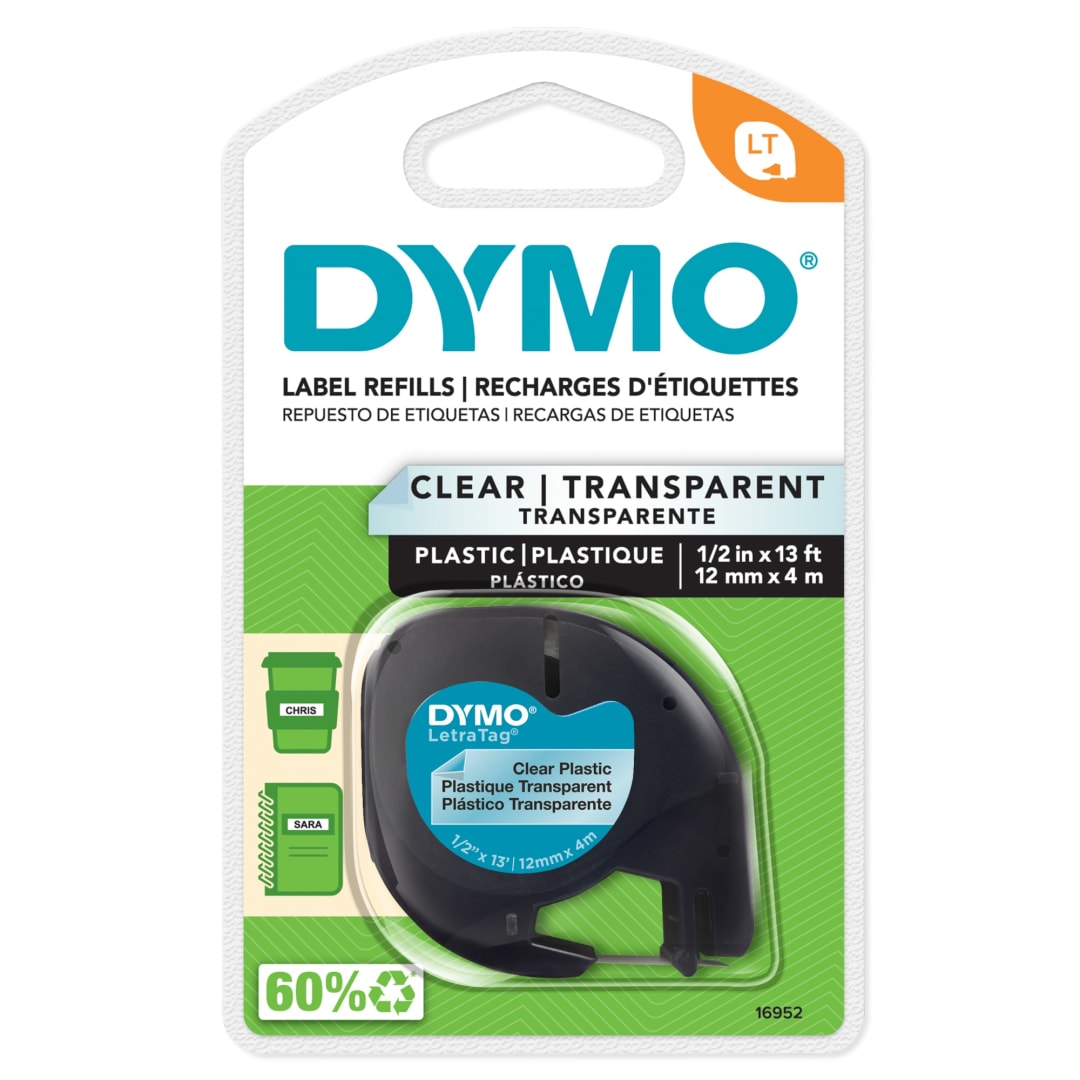 DYMO Labeling Tape for LetraTag Label Makers, Black Print on Clear Labels, 1/2-Inch x 13-Foot Roll