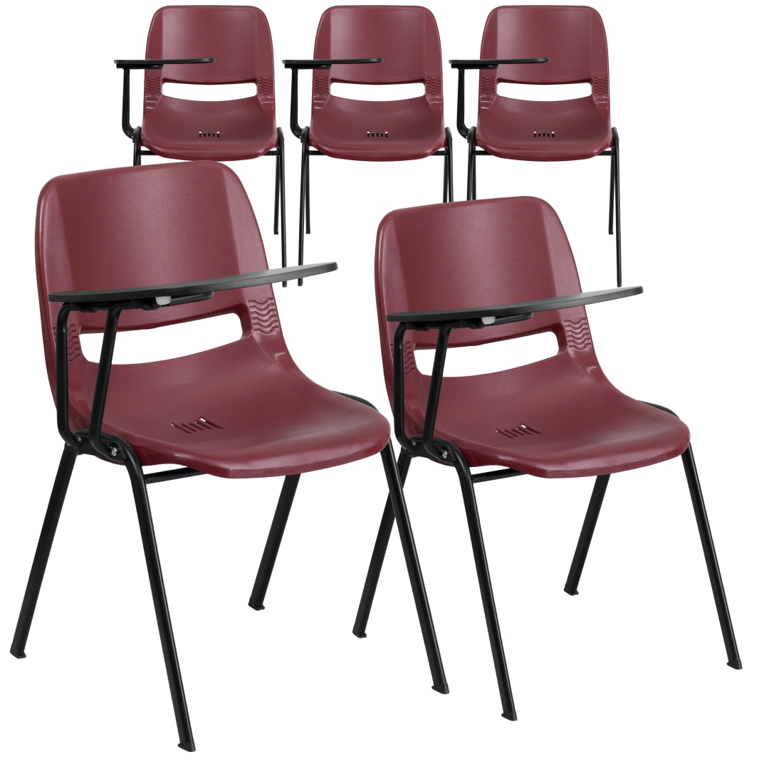 HERCULES 5 Pack Burgundy Ergonomic Shell Chair with Right Handed Flip-Up Tablet Arm