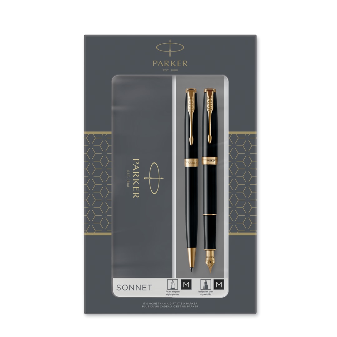 Parker Sonnet set de regalo doble con bolígrafo y pluma estilográfica (plumín de oro macizo de 18 K) | negro brillante con adorno dorado | cartuchos y recambio de tinta negra