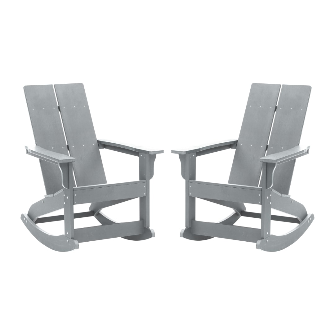 Finn Modern Commercial Grade All-Weather 2-Slat Poly Resin Rocking Adirondack Chair with Rust Resistant Stainless Steel Hardware in Gray - Set of2