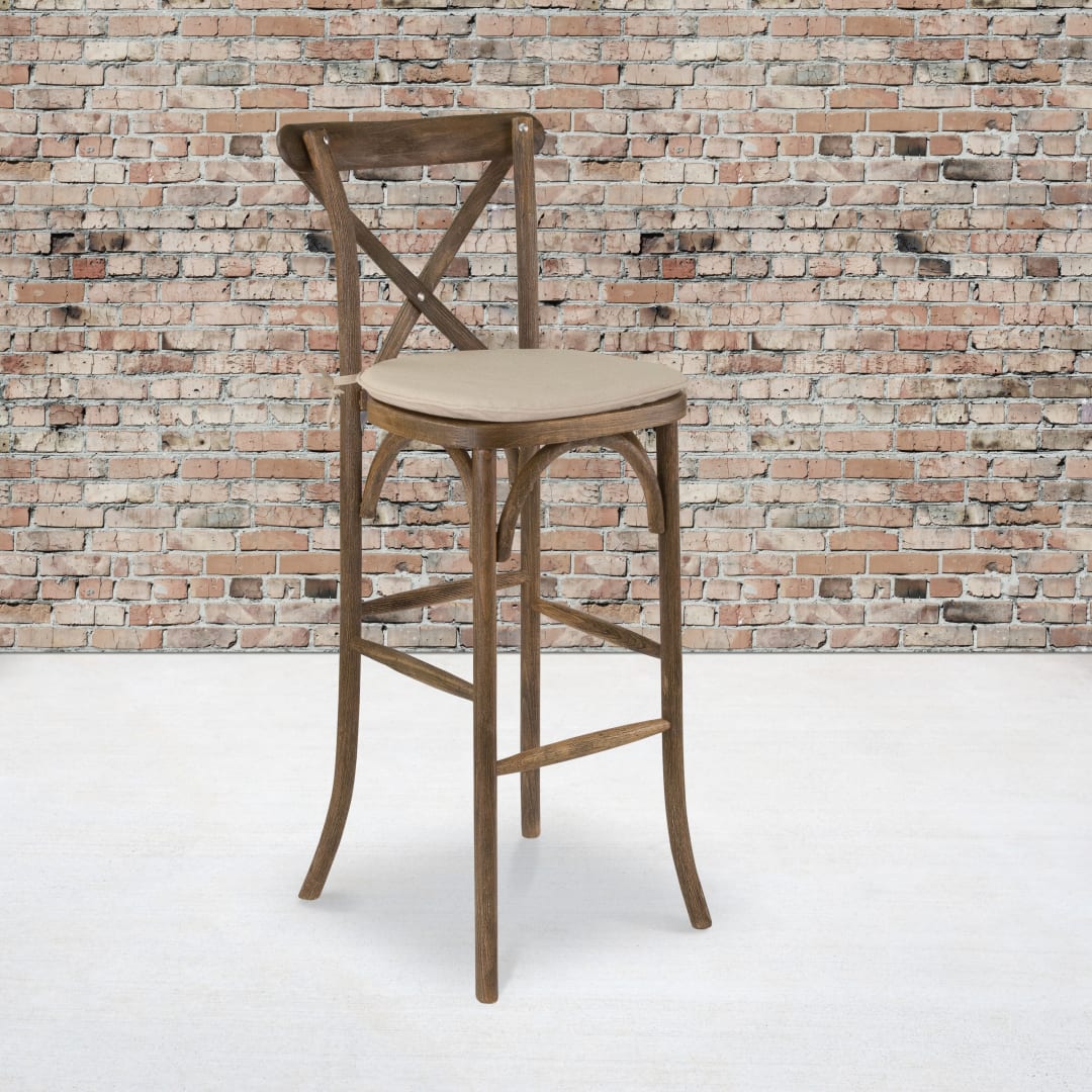 HERCULES Series Dark Antique Wood Cross Back Barstool with Cushion