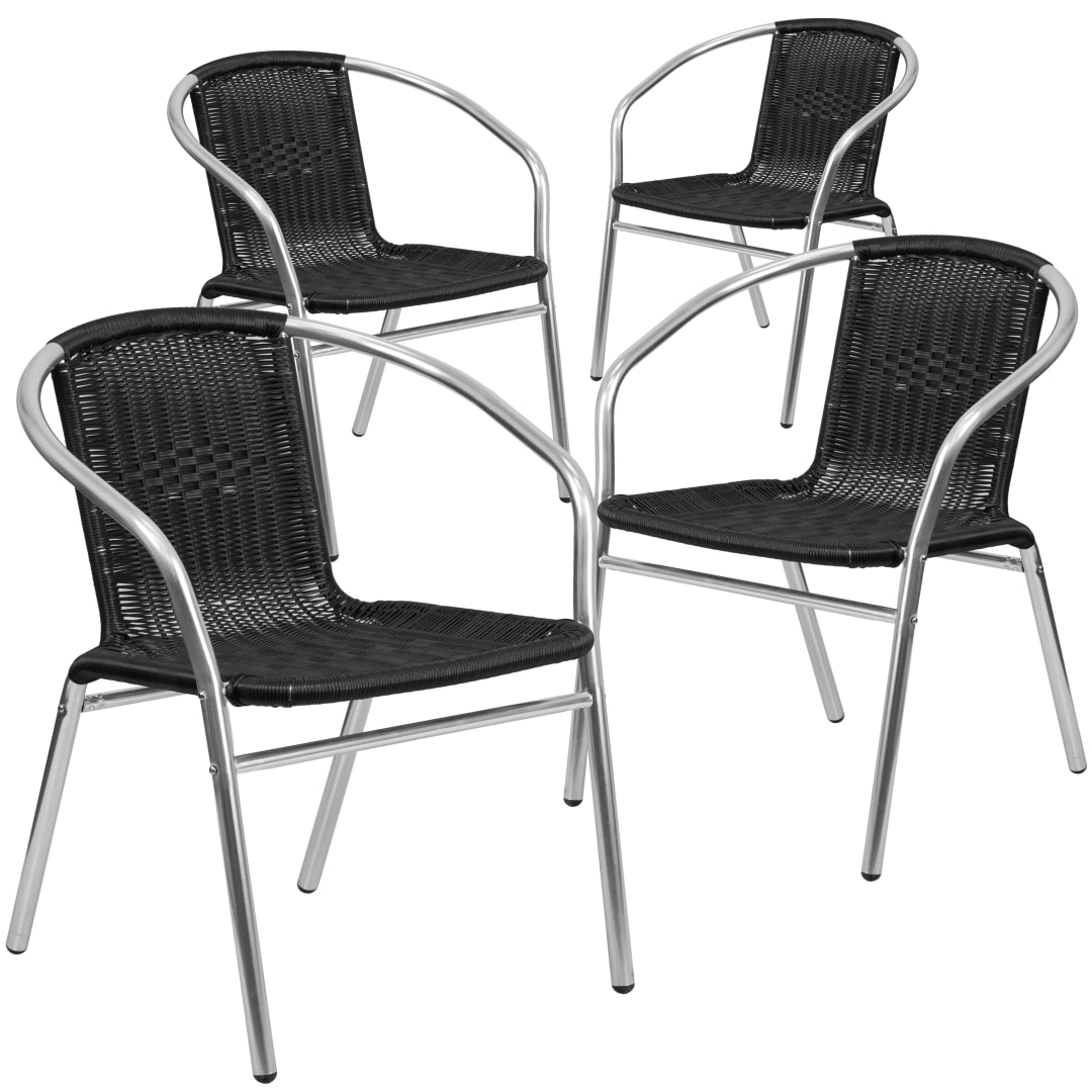 Lila 4 Pack Commercial Aluminum and Black Rattan Indoor-Outdoor Restaurant Stack Chair