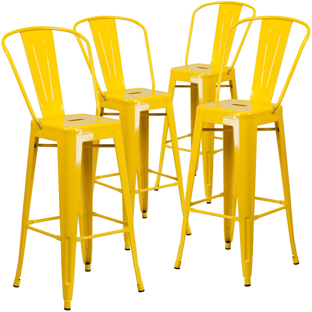 Lily Commercial Grade 4 Pack 30" High Yellow Metal Indoor-Outdoor Barstool with Removable Back
