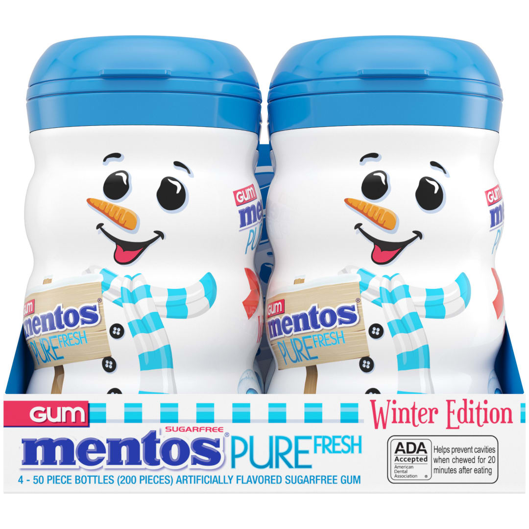 Mentos Gum Pure Fresh Sugar Free Chewing Gum Fresh Mint 50 pc Holiday Snowman Curvy Bottles - 4 Pack