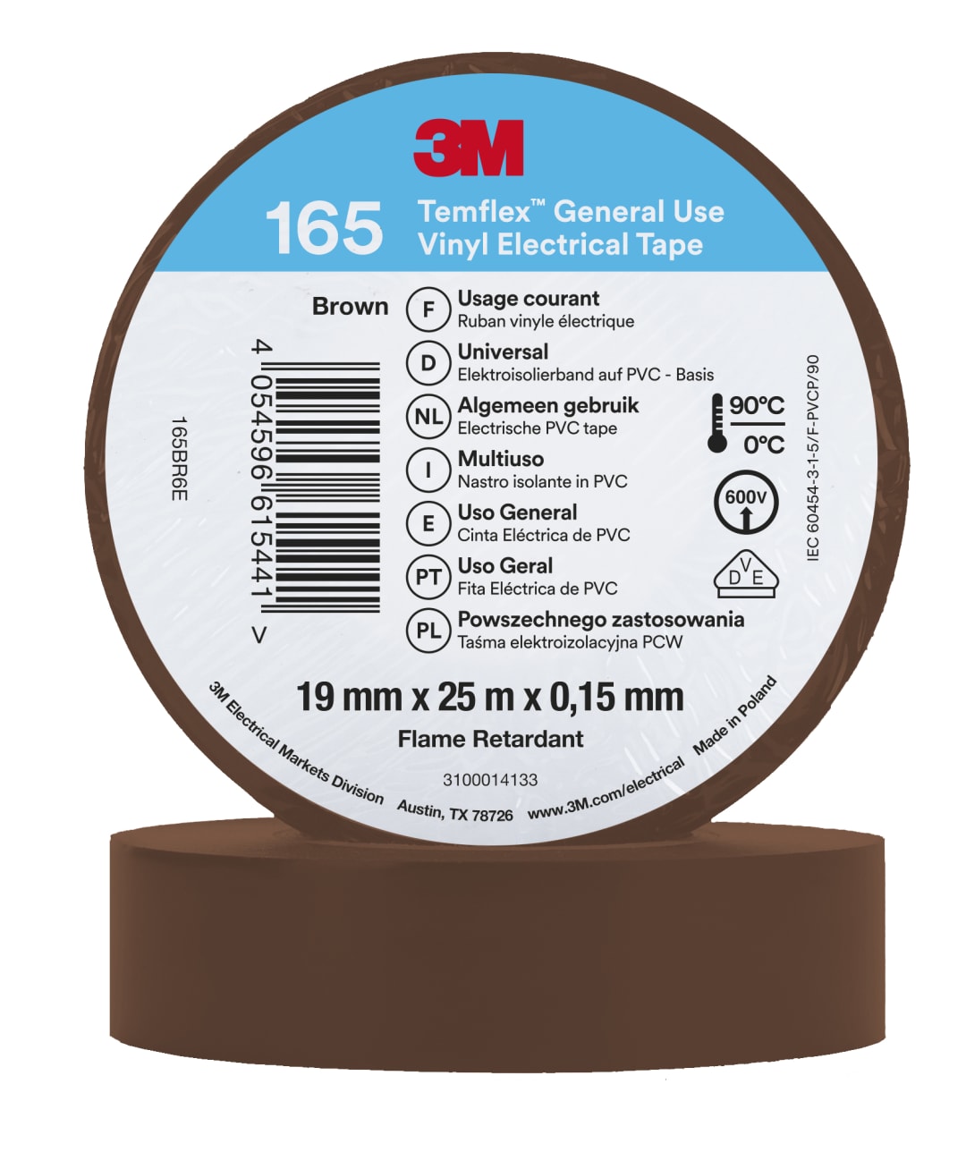 3M™ Temflex™ Vinyl-Isolierband 165, Baun, 19 mm x 25 m