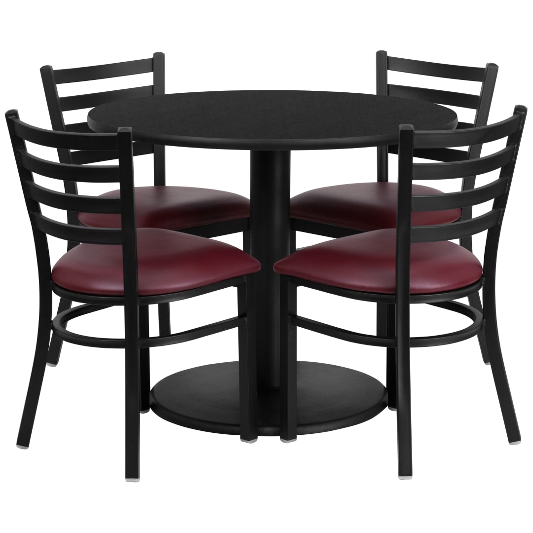 Jamie 36'' Round Black Laminate Table Set with Round Base and 4 Ladder Back Metal Chairs - Burgundy Vinyl Seat