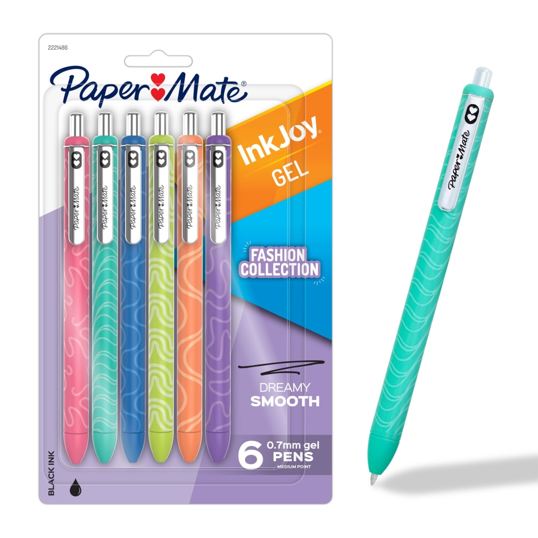 Paper Mate InkJoy Gel Pens, Fashion Barrels, Retractable, Medium Point (0.7mm), Black, 6 Count