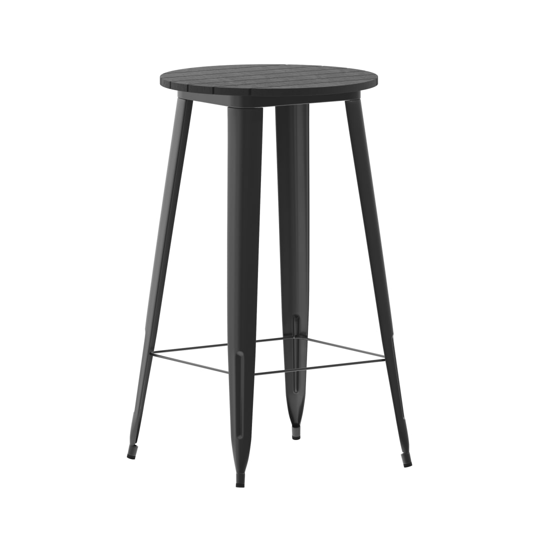 Declan Commercial Indoor/Outdoor Bar Top Table, 23.75" Round All Weather Black Poly Resin Top with Black Steel base