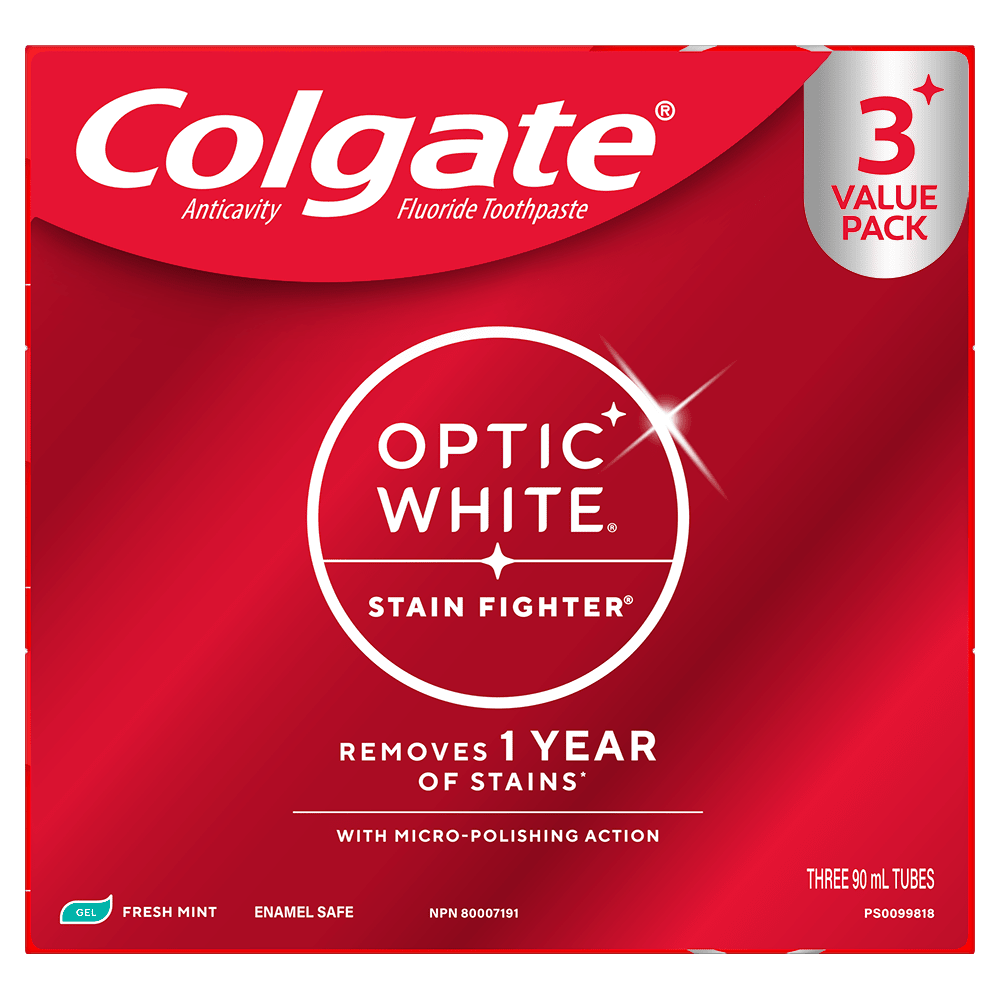 Colgate Optic White Stain Fighter Fresh Mint Teeth Whitening Toothpaste Gel, Anticavity Toothpaste Gel with Fluoride, 3 Pack, 90 mL