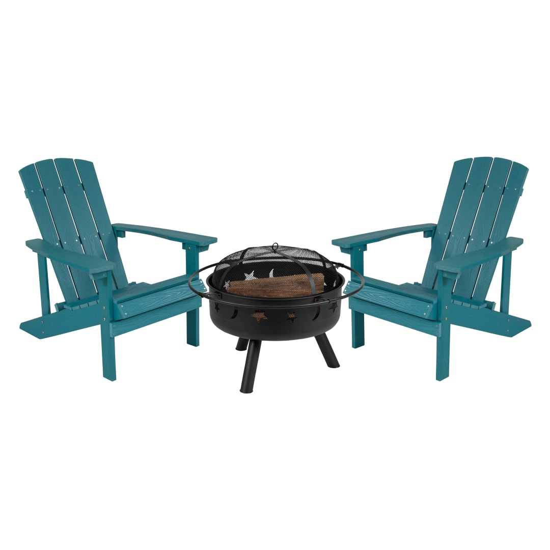 3 Piece Charlestown Commercial Sea Foam Commercial Poly Resin Wood Adirondack Chair Set with Fire Pit - Star and Moon Fire Pit with Mesh Cover