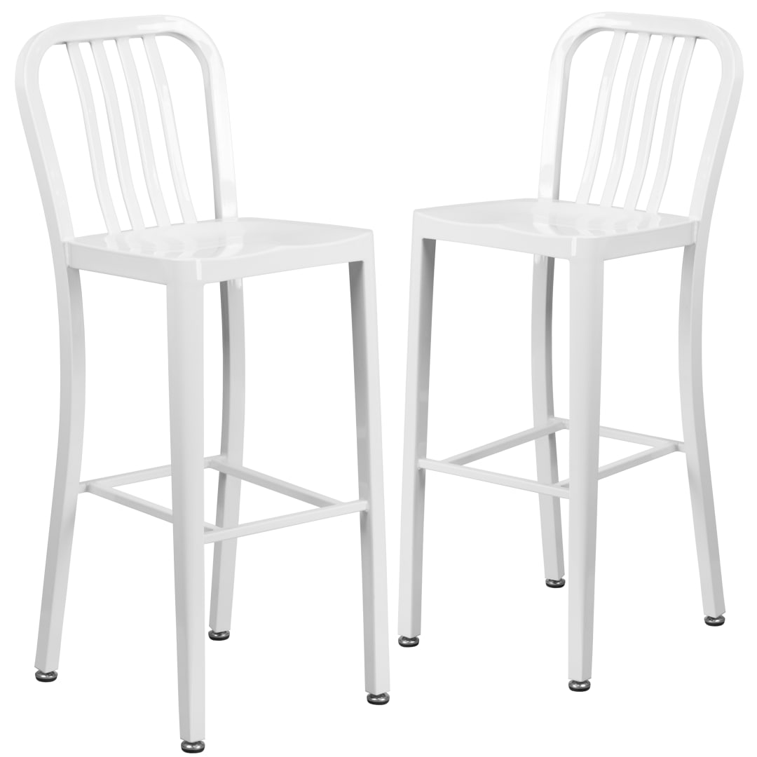 Gael Commercial Grade 2 Pack 30" High White Metal Indoor-Outdoor Barstool with Vertical Slat Back