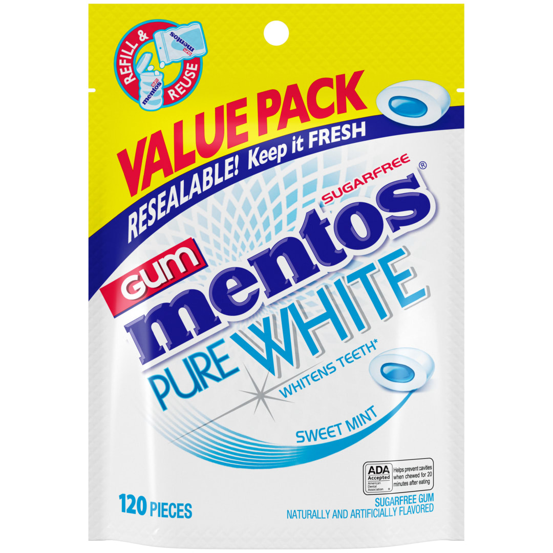 Mentos Gum Pure White Sugar Free Chewing Gum Sweet Mint 120 pc Stand Up Pouch