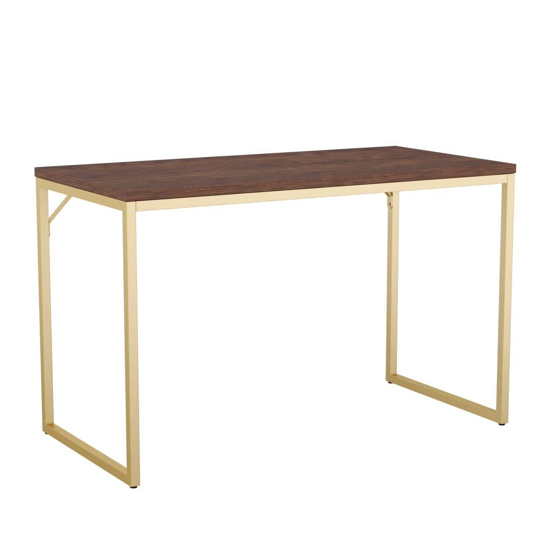 Noah Home Office Parsons Desk in Walnut Wood Grain with Polished Brass Metal Frame