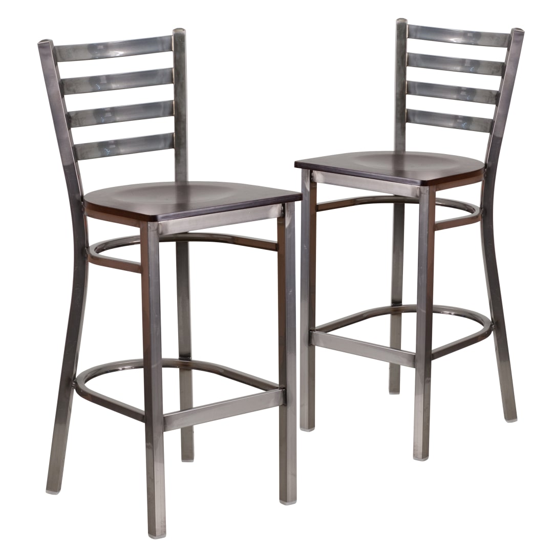 2 Pack HERCULES Series Silver Antique Finish with Clear Coat Ladder Back Metal Restaurant Barstool - Walnut Wood Seat
