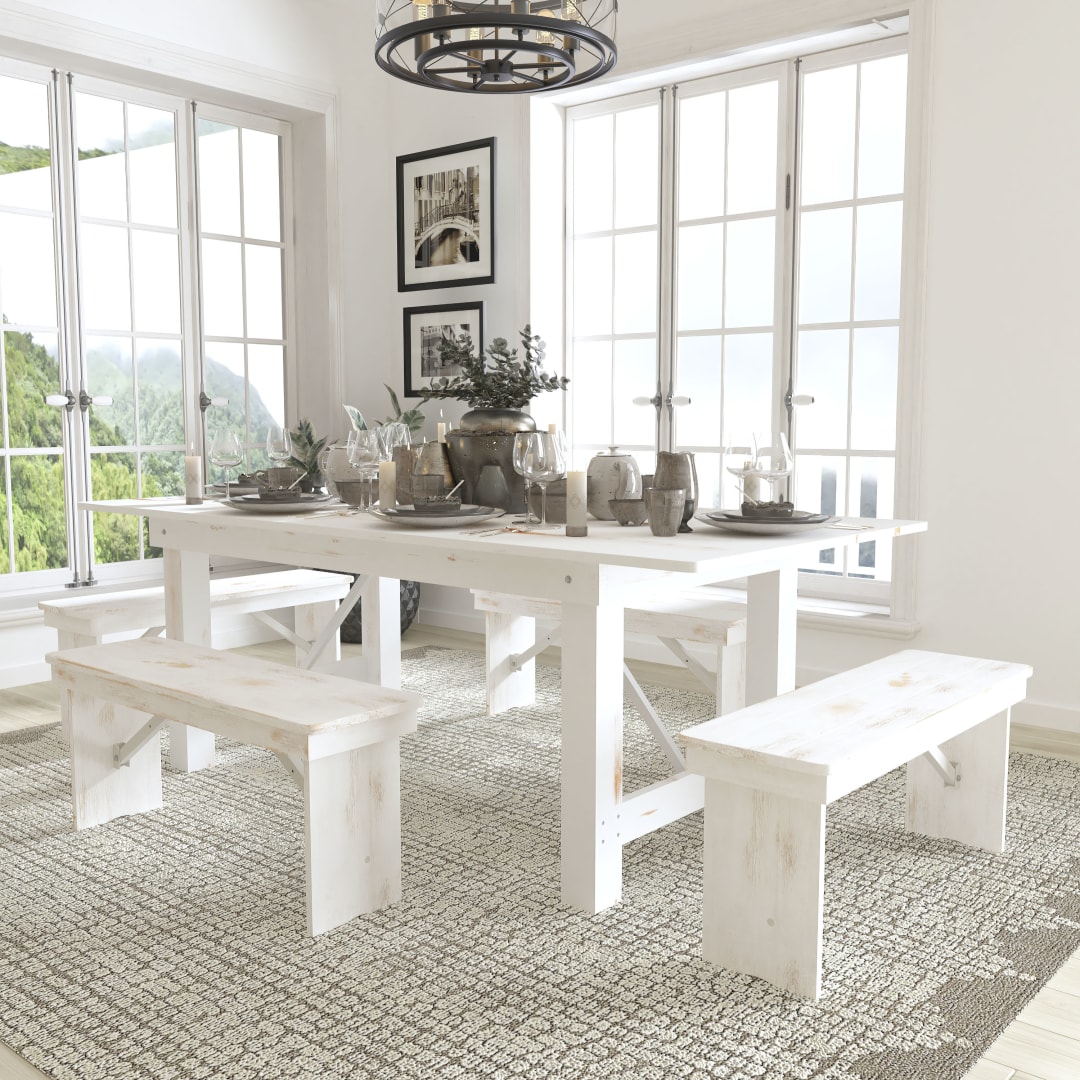 HERCULES Series 7' x 40" Antique Rustic White Folding Farm Table and Four Bench Set