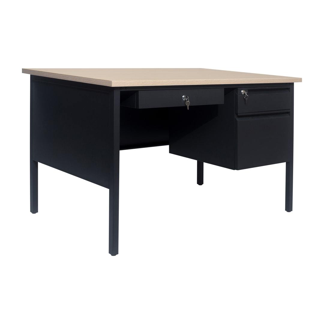 Cambridge Commercial Grade 30x48 Right Side Single Pedestal Desk with 3 Locking Drawers, White Oak Top and Black Frame