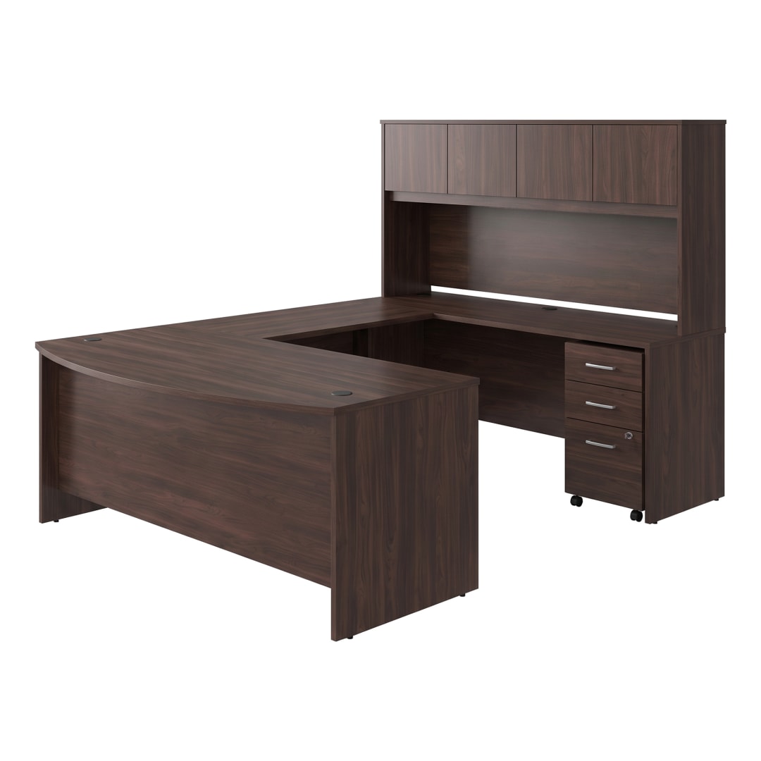 Cornerstone 72"W x 101"D Executive U Workstation with Hutch and 3-Drawer Mobile Pedestal, Espresso