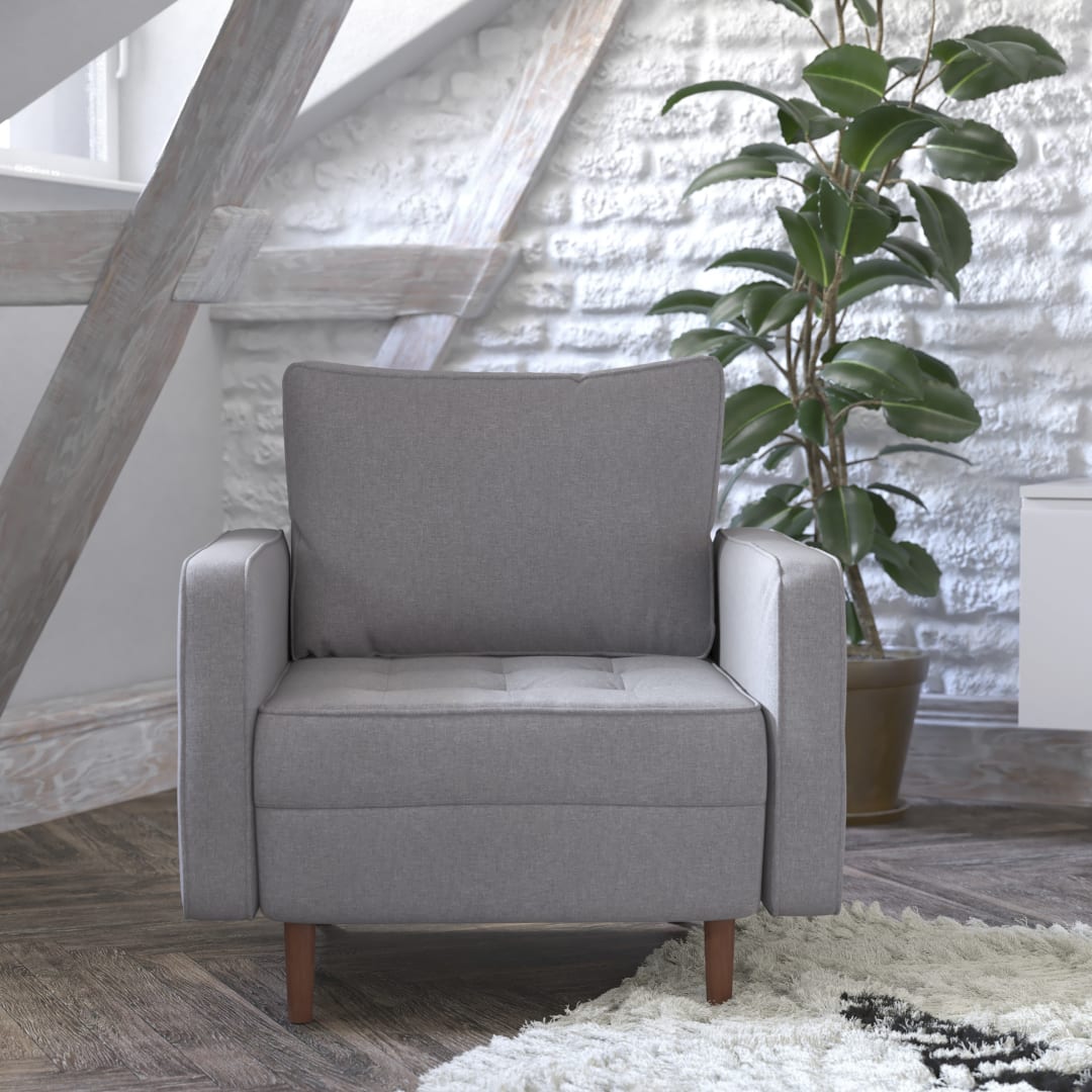 Hudson Mid-Century Modern Commercial Grade Armchair with Tufted Faux Linen Upholstery &amp; Solid Wood Legs in Slate Gray