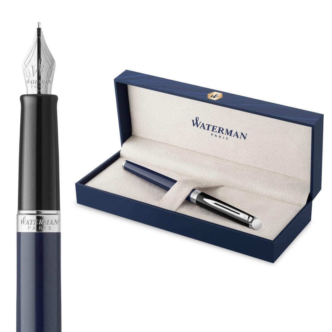 Waterman Hmisphre Fountain Pen | Black & Blue Lacquer with Palladium Coated Trim | Stainless steel Medium Nib | Blue Ink | Gift Box