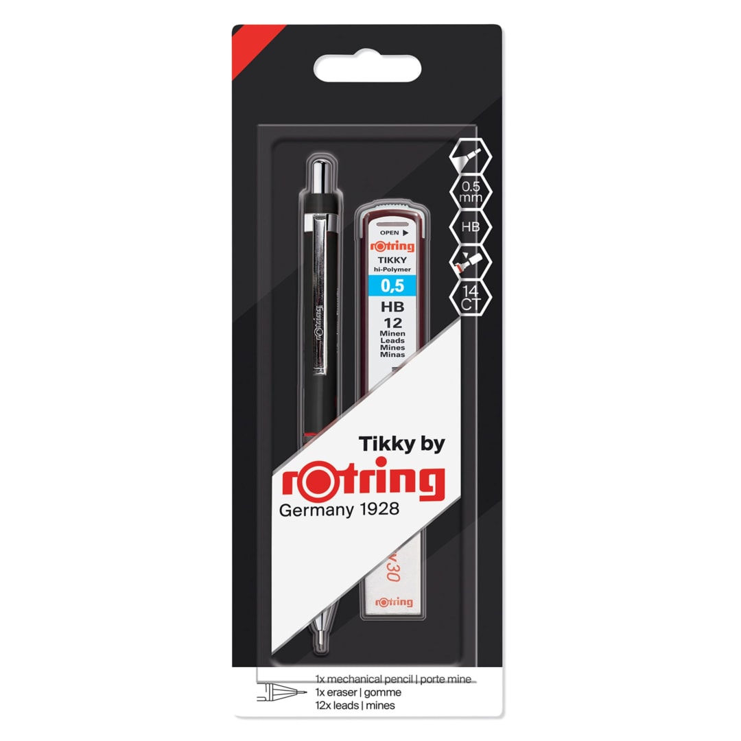 rOtring Tikky Mechanical Pencil Set | HB 0.5 mm | Black Barrel | Includes 12 Leads and Eraser