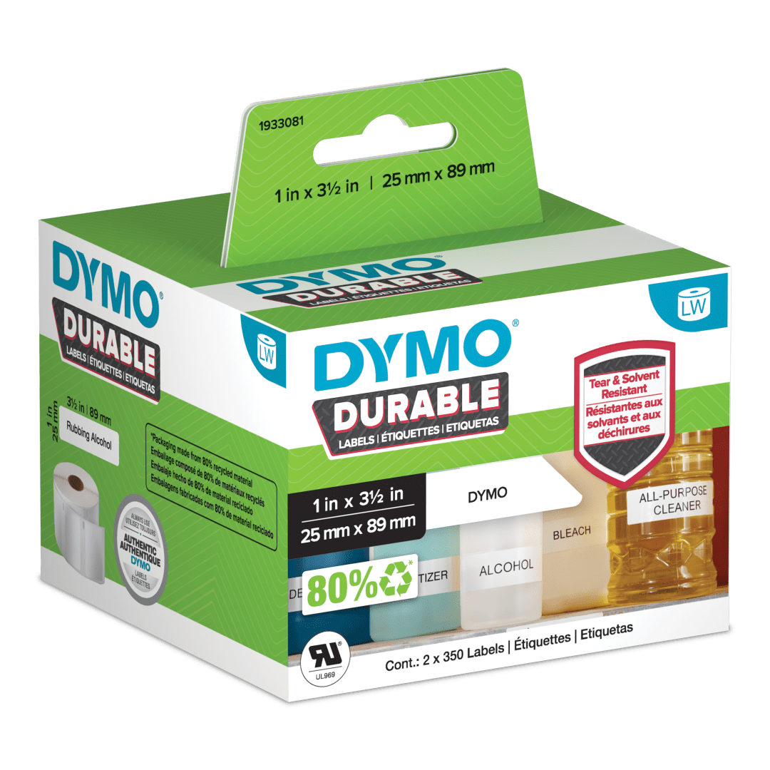 DYMO® LW Durable Industrial Labels for LabelWriter™ Label Printers, White Poly, 1” x 3-1/2”, 2 Rolls of 350 (700 Total)