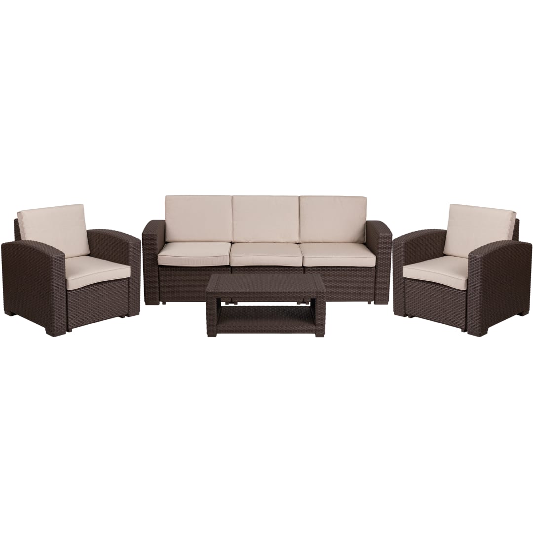 Seneca 4 Piece Outdoor Faux Rattan Chair, Sofa and Table Set in Seneca Chocolate Brown