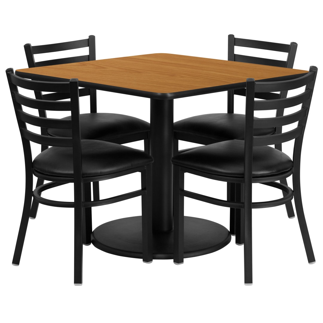 Jamie 36'' Square Natural Laminate Table Set with Round Base and 4 Ladder Back Metal Chairs - Black Vinyl Seat