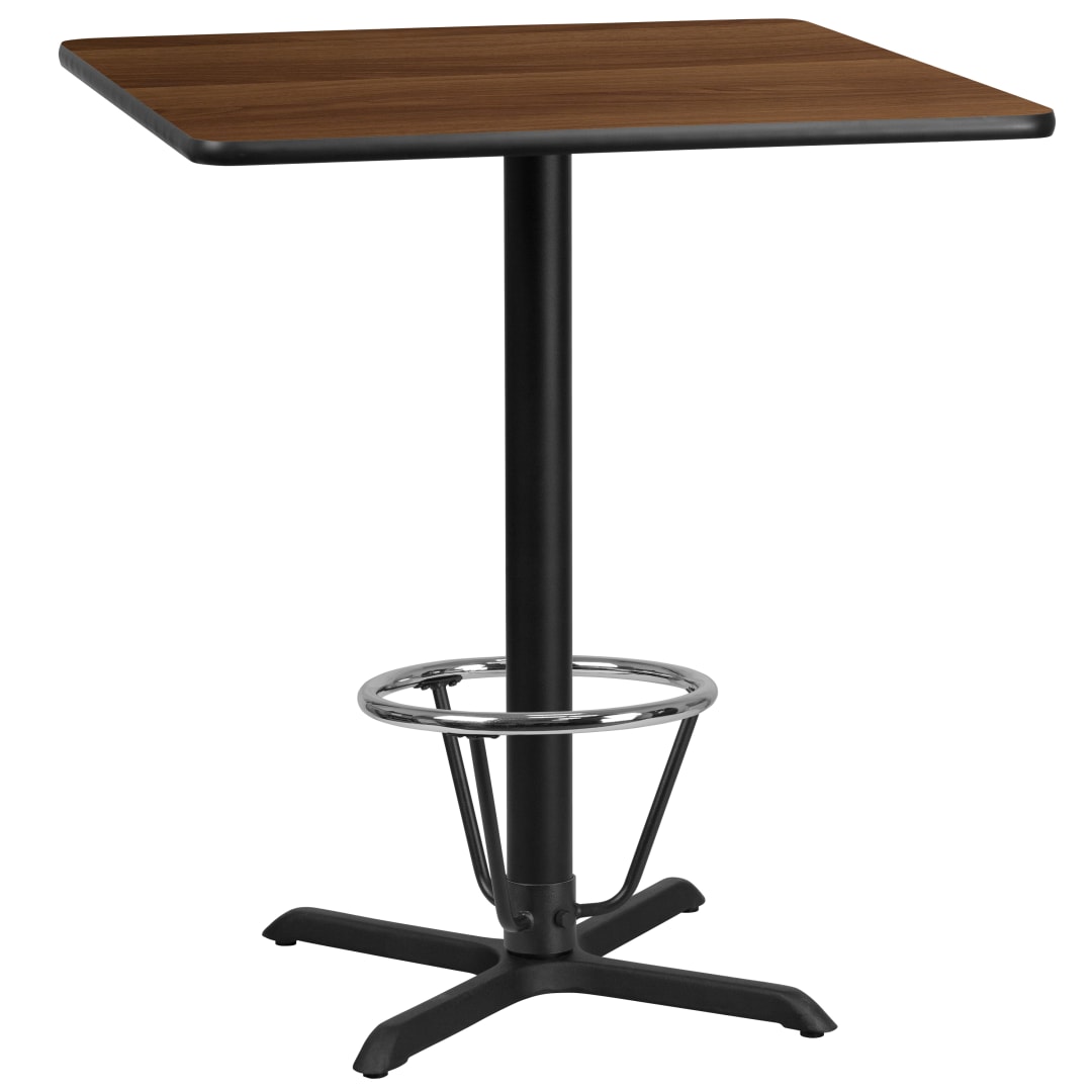 Stiles 36'' Square Walnut Laminate Table Top with 30'' x 30'' Bar Height Table Base and Foot Ring