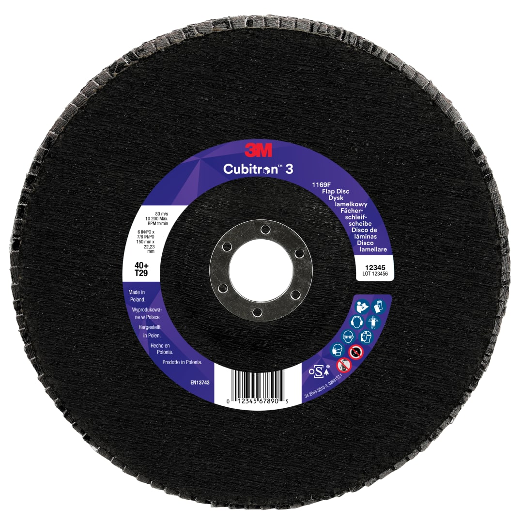 3M™ Cubitron™ 3 Flap Disc 1169F, 40+, T29-Conical, 150 mm x 22.23 mm, 5/Pack, 20 ea/Case