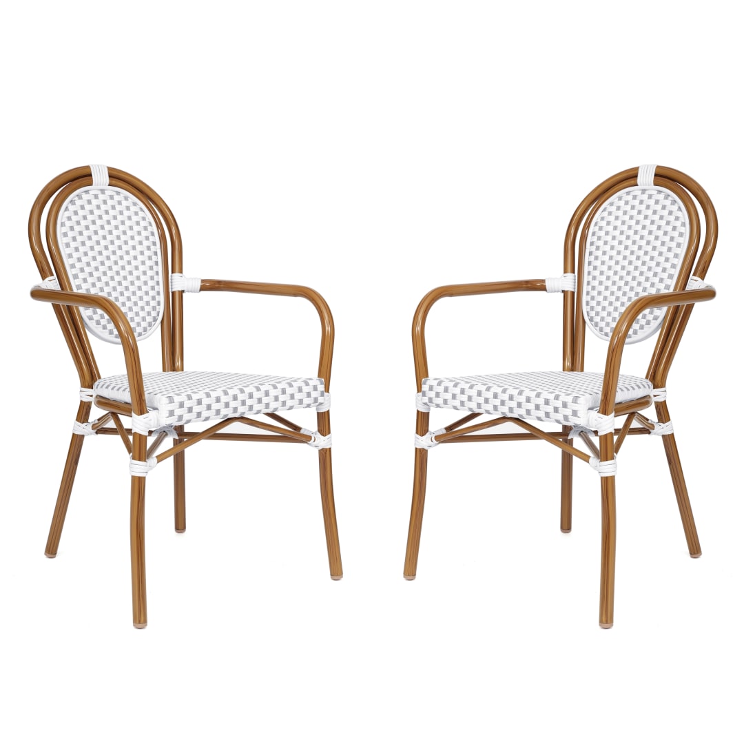 2 Pack Lourdes Indoor/Outdoor Commercial Thonet Bistro Stacking Chair with Arms, White and Gray PE Rattan and Bamboo Aluminum Frame in Natural