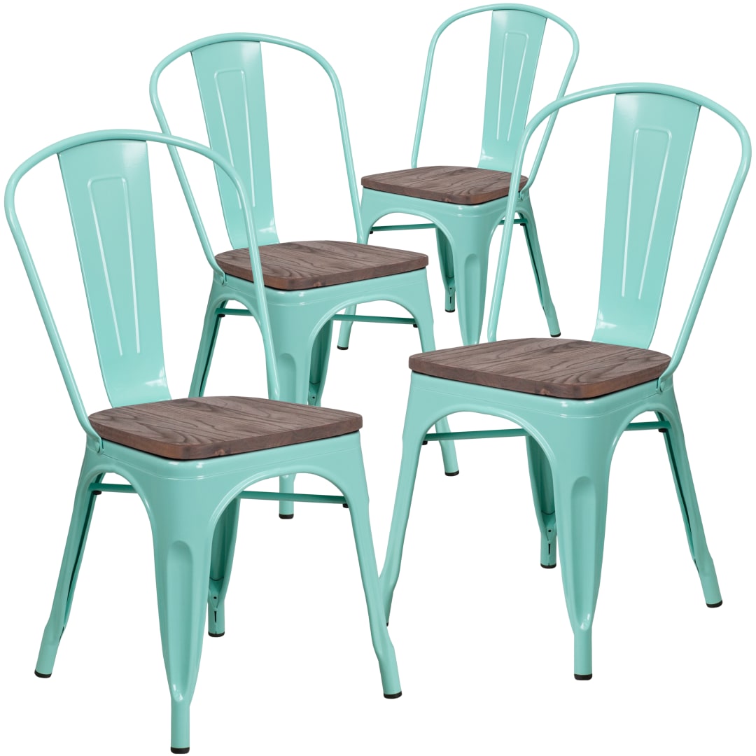 Blake 4 Pk. Mint Green Metal Stackable Chair with Wood Seat