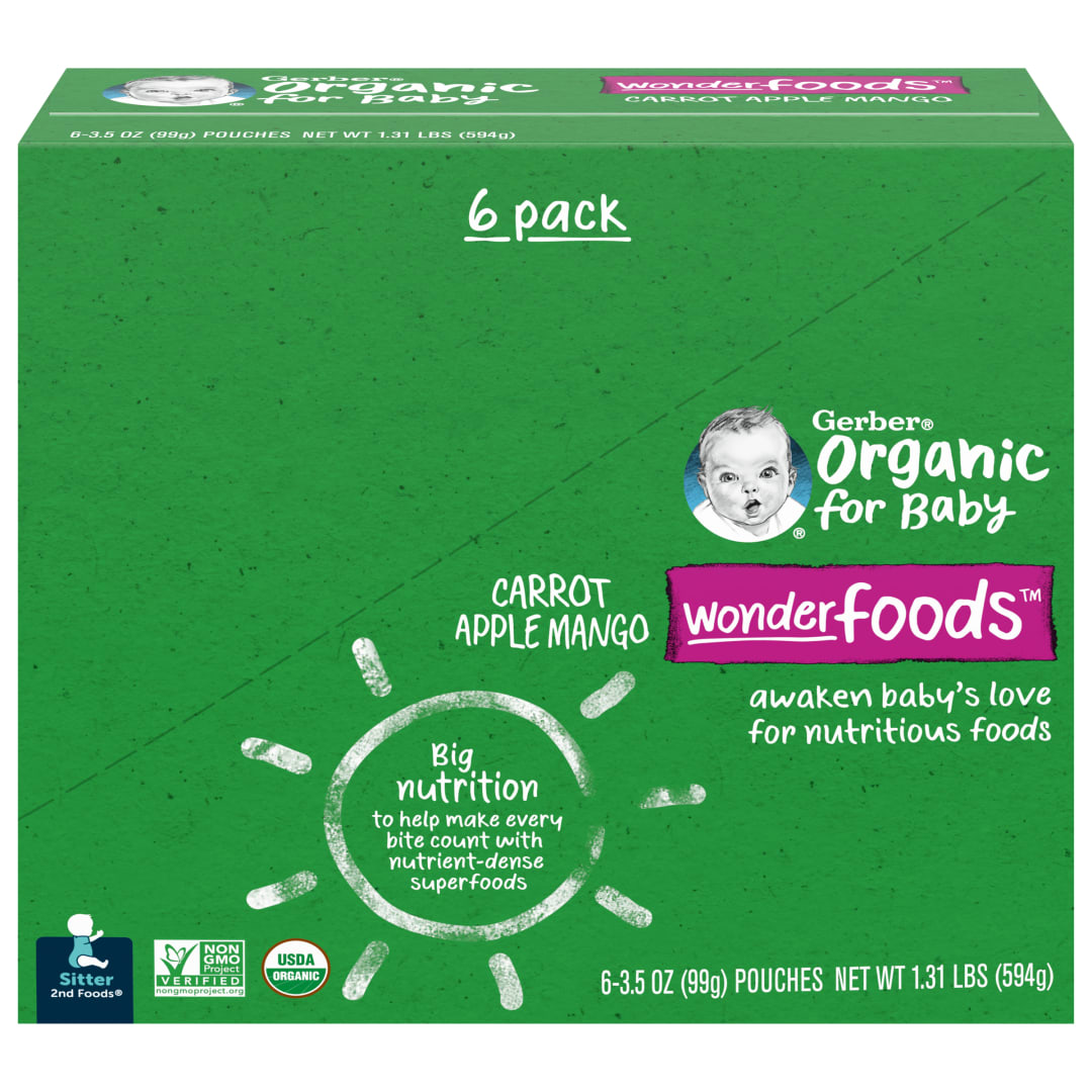 Gerber Organic Stage 2 Baby Food, Carrot Apple Mango, 3.5 oz Pouch (6 Pack)